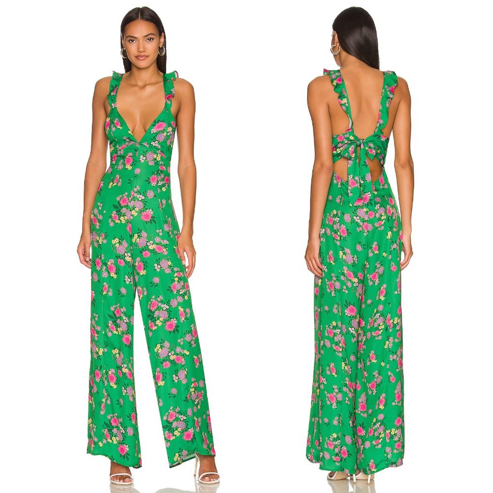 RESA Jilly Jumpsuit in Green Floral Pantsuit Maxi Romper Pants Medium M